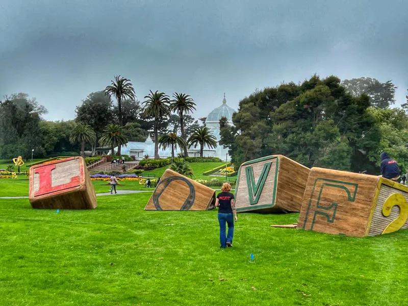 The giant L-O-V-E blocks on the lawn in Golden Gate Park